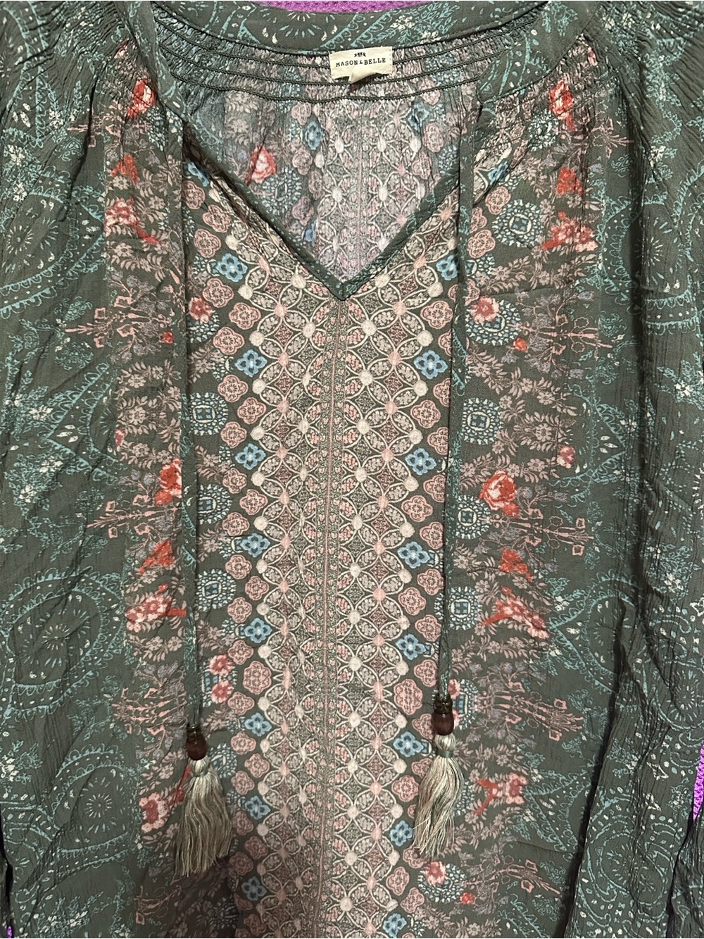 Boho Tassel V-Neck Printed Blouse in Olive Green size Large - Picture 2 of 5